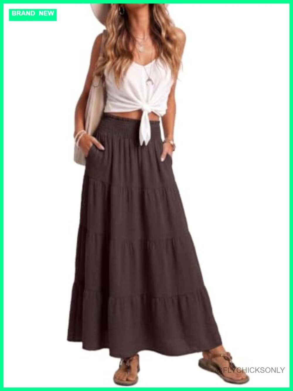 High Waisted Smocked Waist Flowy Maxi Skirt with Pockets Tiered Ruffle Hem